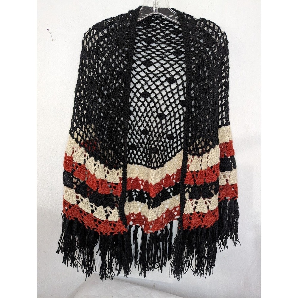Tbags Vintage 1970s Crochet Shawl Black Red Cream Fringe Boho
